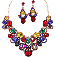 Gorgeous Sparkling Multi-Colored Crystals & Stones Gold-Toned Cable Chain Lobster Clasp Necklace Set