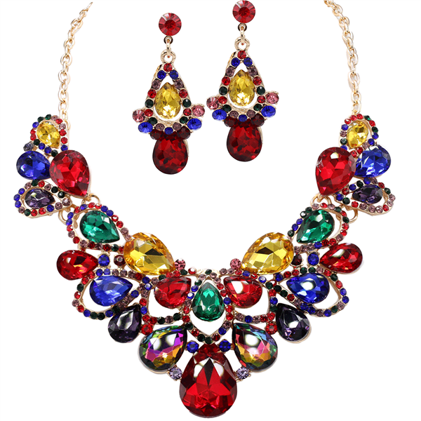 Gorgeous Sparkling Multi-Colored Crystals & Stones Gold-Toned Cable Chain Lobster Clasp Necklace Set