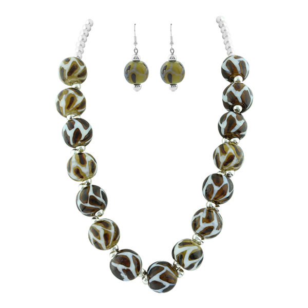 Elegant Yellow & Brown Mix Leopard Print Glass Beaded Silver Necklace Set