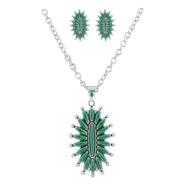 Elegant Vertical Mandala Design Turquoise & Silver Necklace Set