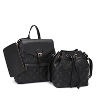 Black Double Texture Backpack, Boho Bag & Wristlet Satchel Set