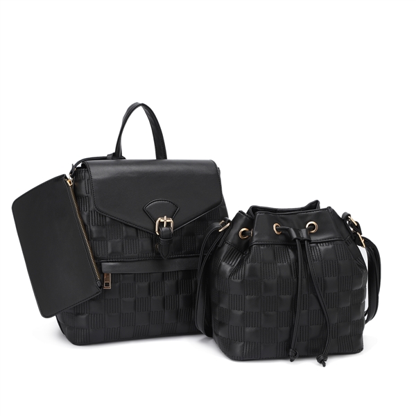 Black Double Texture Backpack, Boho Bag & Wristlet Satchel Set