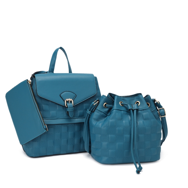 Teal Blue Double Texture Backpack, Boho Bag & Wristlet Satchel Set