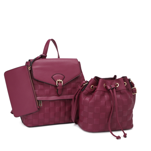 Wine Double Texture Backpack, Boho Bag & Wristlet Satchel Set