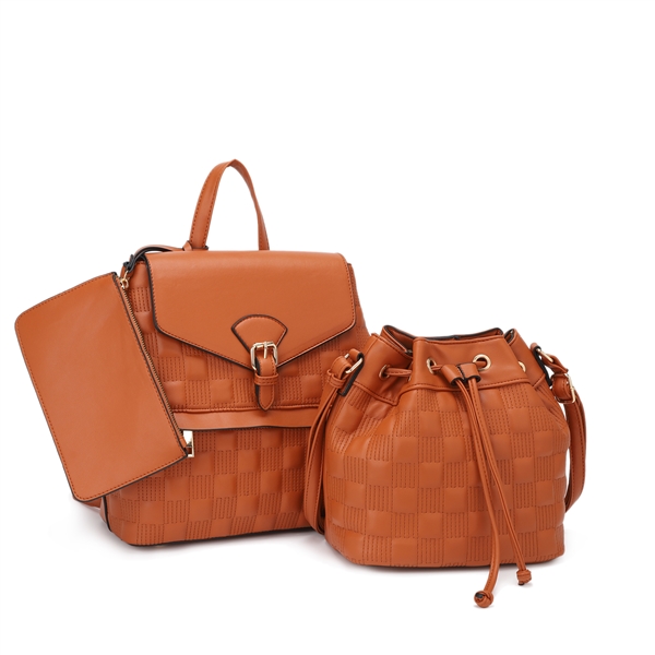 Caramel Double Texture Backpack, Boho Bag & Wristlet Satchel Set