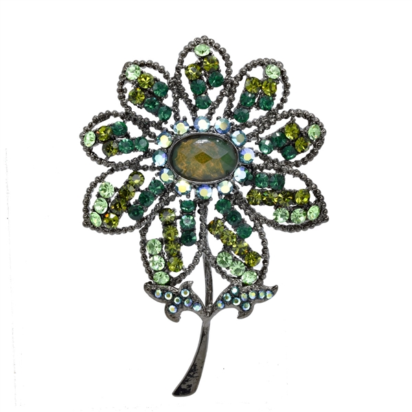 Sparkling Peridot, Olivine, Emerald & Iridescent Emerald Crystals Flower Brooch Pin