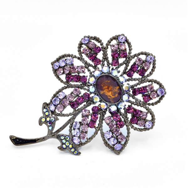 Sparkling Tanzanite, Light Amethyst, Amethyst & IridescenT Crystals Flower Brooch Pin