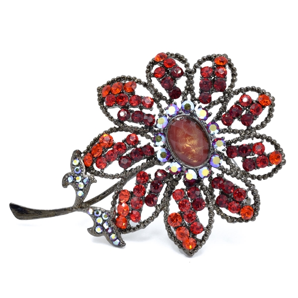 Sparkling Siam, Dark Siam & Iridescent Siam Crystals & Oval Siam Crystal Stone Flower Brooch Pin