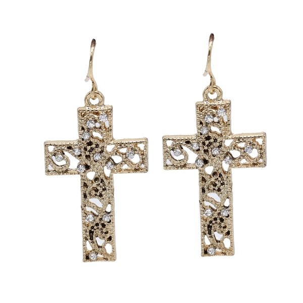 Spiritual Faith Sparkling Crystal Cross Gold Toned Drop Fish Hook Earrings