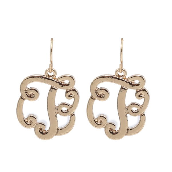 Simple & Personal Fashion Monogram Script Initial Gold Tone Fish Hook Earrings