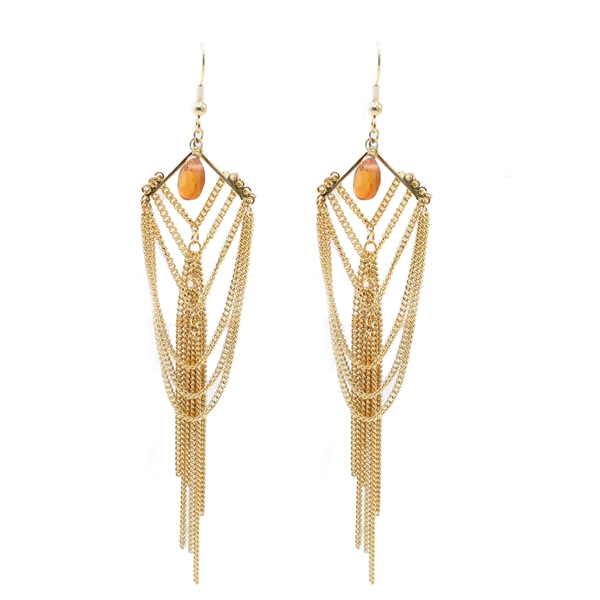 Fashion Sparkling Orange Translucent Faceted Stone Beads Long Chain Gold Tone Fish Hook Dangle Earrings