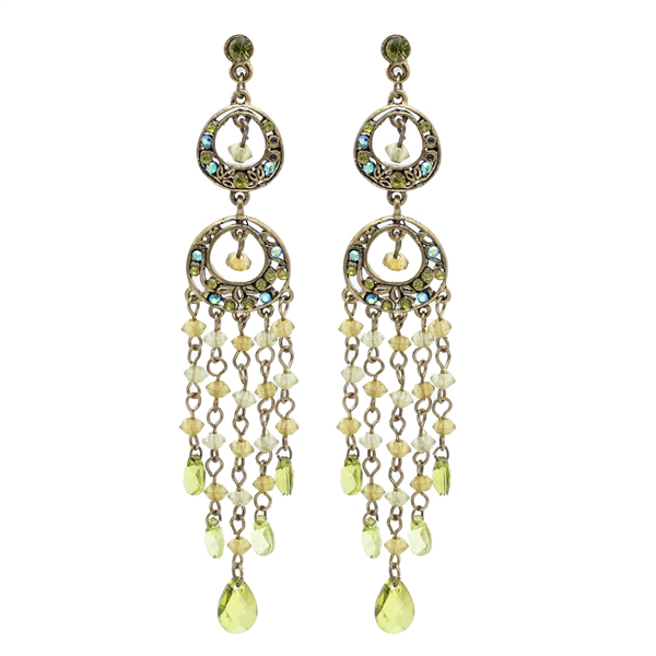 Fashion Sparkling Olivine Green & Blue Iridescent Crystals, Faceted Translucent Beads & Stones Bronze Toned Post-Backing Dangle Earrings