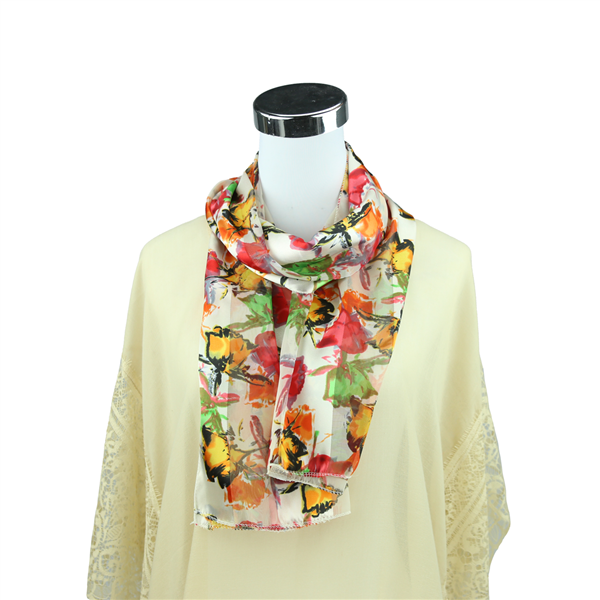 Artsy Oil Style Floral Pattern Printed White Silk Scarf