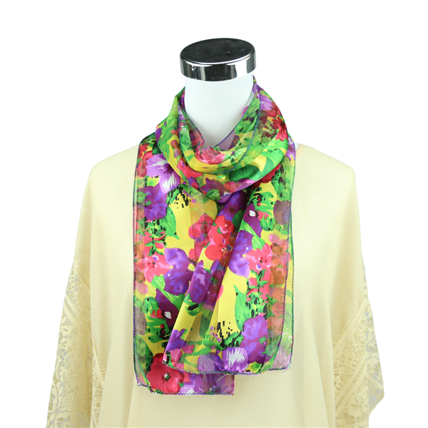 Artsy Oil Style Floral Pattern Printed Yellow Silk Scarf