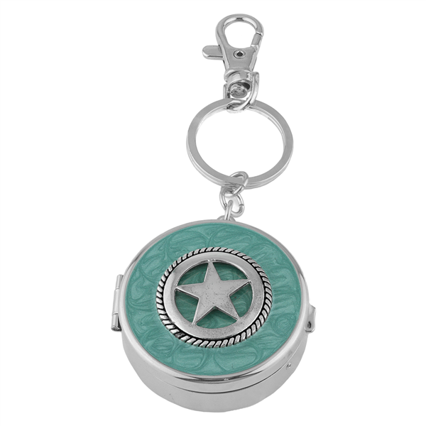 Dual Function Round Silver & Turquoise Star Pill Box Keychain