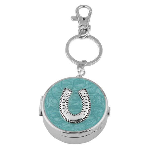 Dual Function Round Silver & Turquoise Horseshoe Pill Box Keychain