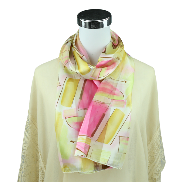 Artsy Painted Collage Pattern Print Yellow Silk Scarf