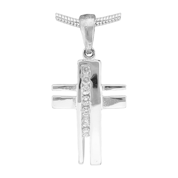 Spiritual Faith Silver Double Bar Open Cross Clear Crystal Charm Pendant