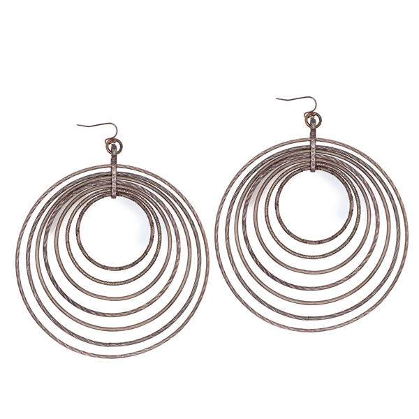 Fashion Decorative Detailed Concentric Circle Drop Brown Toned Fish Hook Earrings
