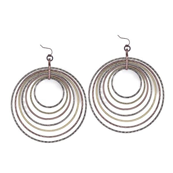 Fashion Decorative Detailed Concentric Circle Drop Brown Toned Fish Hook Earrings
