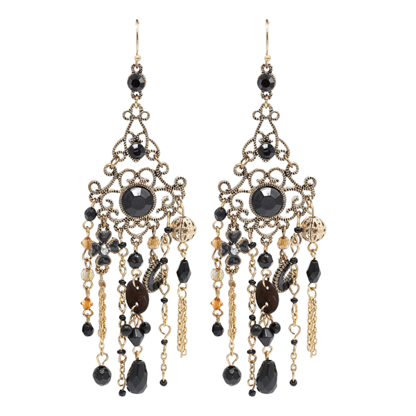 Stylish Decorative Cable Chain Colored Beads, Crystals, and Charms Gold-Tone Fish Hook Chandelier Earrings