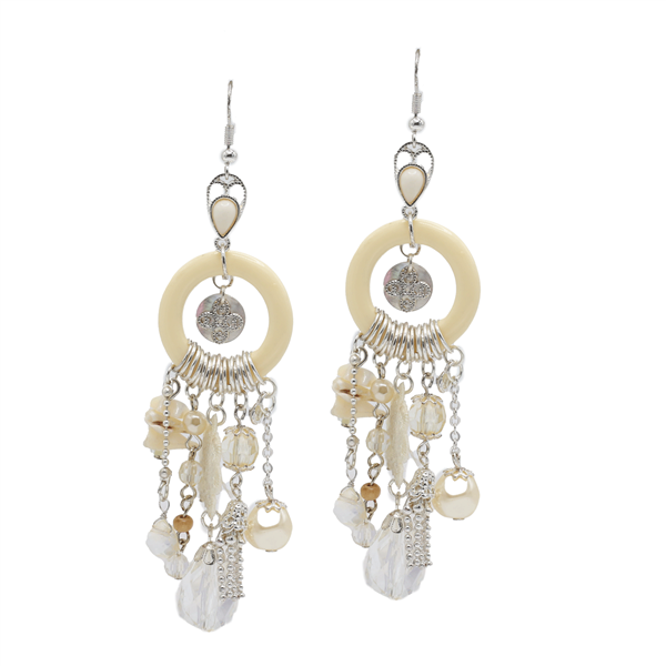 Stylish Light-Colored Beads & Charms Silver Tone Fish Hook Earrings