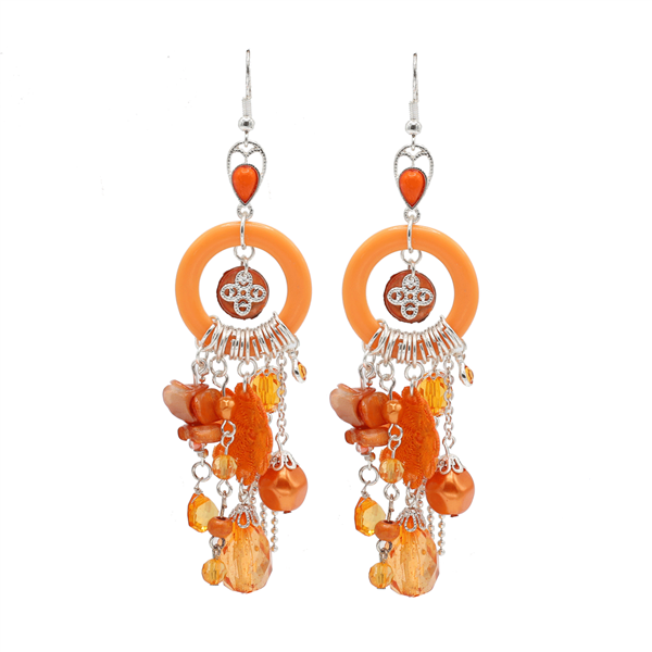 Stylish Orange Colored Beads & Charms Silver Tone Fish Hook Earrings