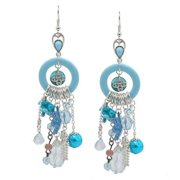 Stylish Turquoise Colored Beads & Charms Silver Tone Fish Hook Earrings