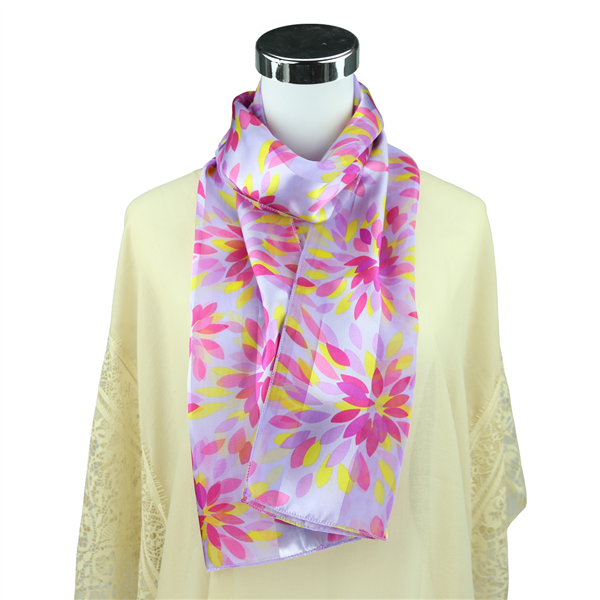 Pop of Colorful Pink & Yellow Floral Pedal Pattern Printed Light Purple Silk Scarf