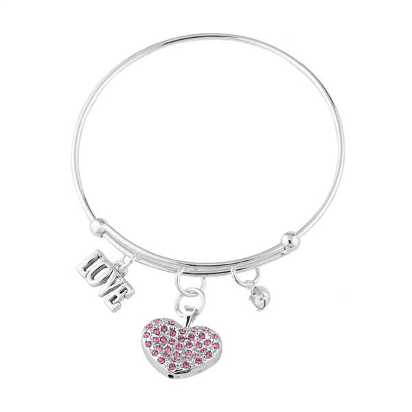 Pink Crystal Heart & Love Charm Bangle Bracelet
