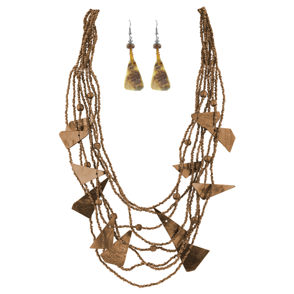 Unique & Stylish Brown Layered Beaded with Thin Acrylic Chip Charms Necklace Set