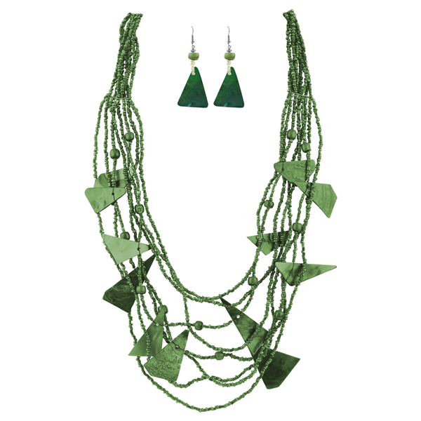 Unique & Stylish Olive Layered Beaded with Thin Acrylic Chip Charms Necklace Set
