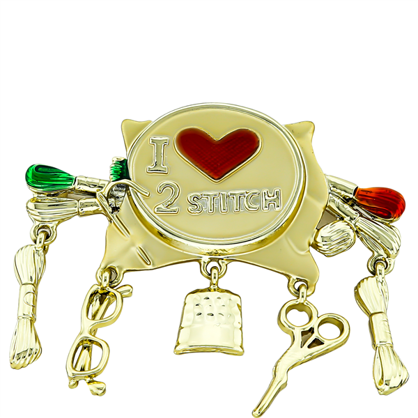 I Heart 2 Stitch Charms Red Heart Gold-Toned Pin Brooch