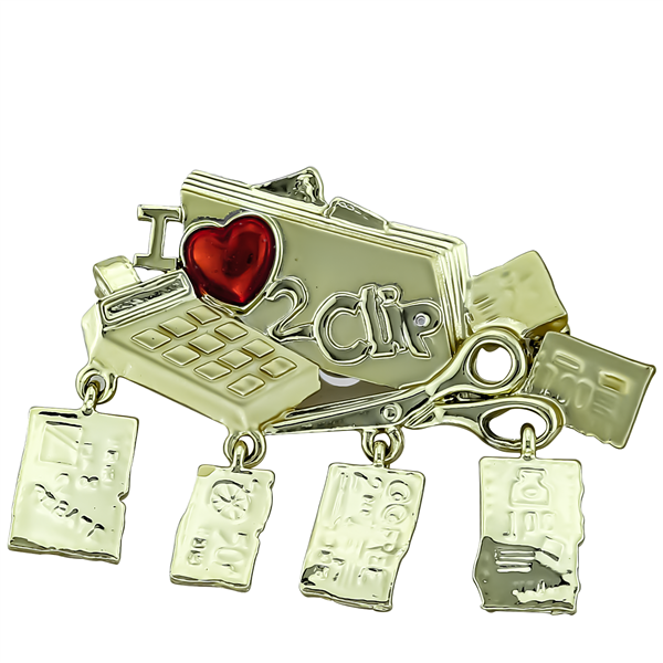I Heart 2 Clip Charms Red Stone Heart Gold-Toned Pin Brooch
