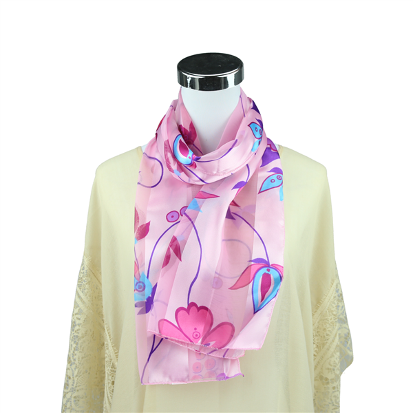 Pop of Colorful Blue, Purple & Pink Posy Floral Printed Pink Silk Scarf