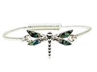 Stylish Abalone Iridescent Dragonfly Silver Tone Coiled Push Hook Bracelet