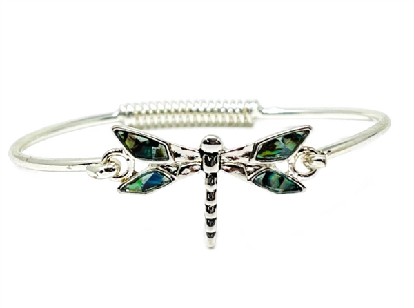 Stylish Abalone Iridescent Dragonfly Silver Tone Coiled Push Hook Bracelet