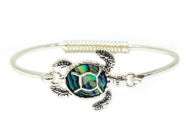 Stylish Abalone Iridescent Sea Turtle Silver Tone Coiled Push Hook Bracelet