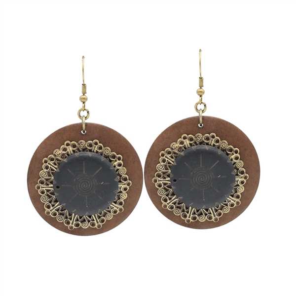 Fashion Vintage Antique Etched Faux Wood Gold Toned Fish Hook Earrings