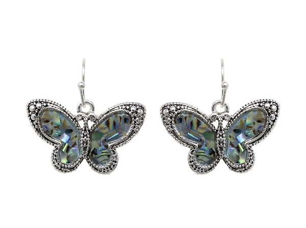 Fashion Sparkling Iridescent Abalone Stone Silver Toned Fish Hook Dangle Earrings