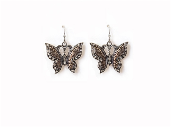 Stylish Two-Tone Sparkling Diamond Crystal Butterfly Fish Hook Earrings