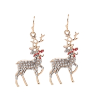 Stylish Sparkling Diamond & Jet Crystals Gold Tone Reindeer Fish Hook Earrings