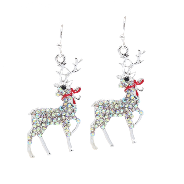 Stylish Sparkling Iridescent & Jet Crystals Gold Tone Reindeer Fish Hook Earrings