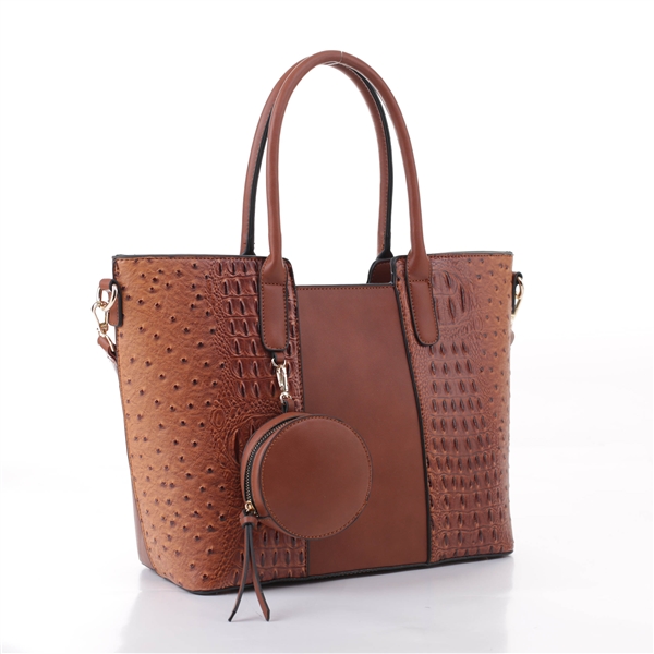 Simple & Classy Brown Faux Leather & Faux Alligator Skin Round Coin Purse Satchel Shoulder Tote Handbag Set