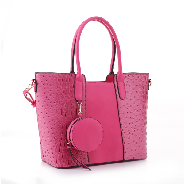 Simple & Classy Fuchsia Faux Leather & Faux Alligator Skin Round Coin Purse Satchel Shoulder Tote Handbag Set