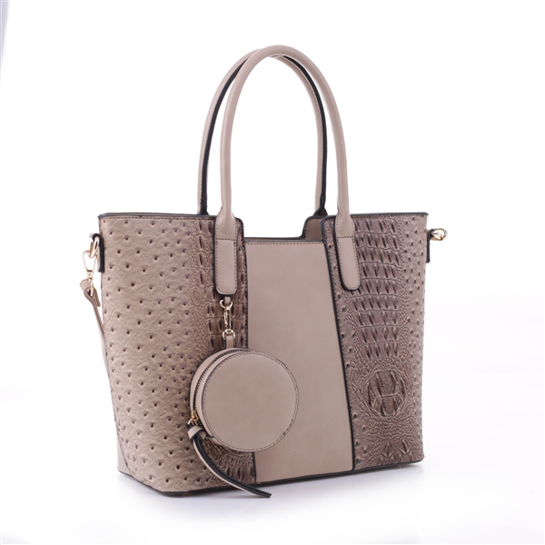 Simple & Classy Taupe Faux Leather & Faux Alligator Skin Round Coin Purse Satchel Shoulder Tote Handbag Set