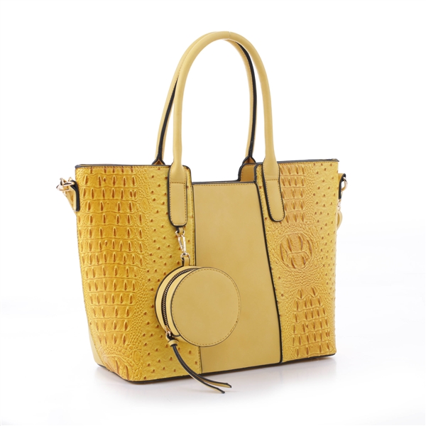 Simple & Classy Yellow Faux Leather & Faux Alligator Skin Round Coin Purse Satchel Shoulder Tote Handbag Set