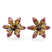 Fashion Summer Fun Burgundy & Gold Flower Design Topaz Crystal Bronze-Toned Stud Earrings