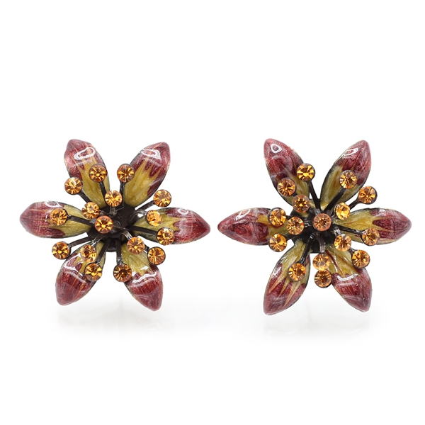 Fashion Summer Fun Burgundy & Gold Flower Design Topaz Crystal Bronze-Toned Stud Earrings