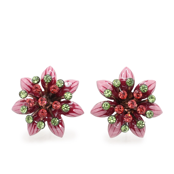 Fashion Summer Fun Pink & Fuchsia Flower Design Fuchsia & Light Green Crystal Bronze-Toned Stud Earrings